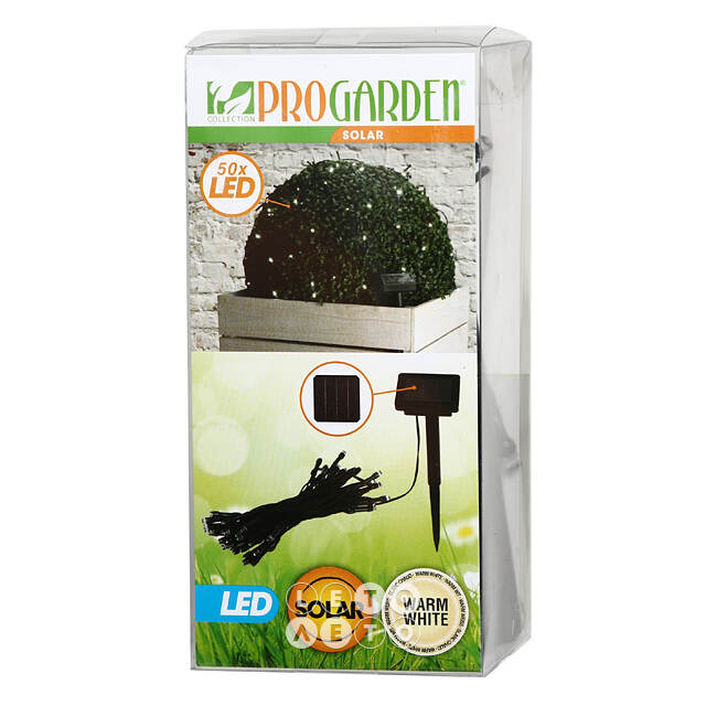 Гирлянда на солнечной батарее Solar ProGarden 5 м, 50 теплых белых LED, черный ПВХ, IP44 Koopman