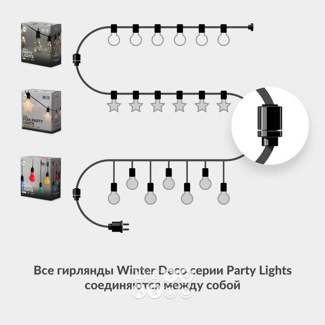 Гирлянда из лампочек Festival Party Lights 10 м, 20 ламп, теплые белые LED, черный ПВХ, соединяемая, IP44 Winter Deco