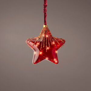 Подвесной светильник RedGlass - Звезда 20 см, 15 микро LED ламп, красный, таймер, на батарейках, стекло